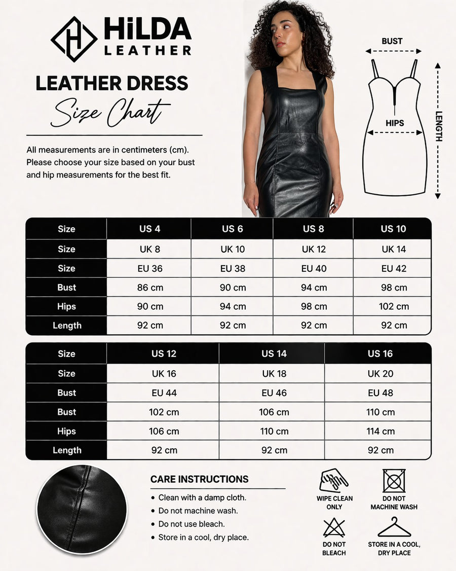 Hilda Leather black genuine lamb leather slim fit party dress with square neckline and back zip. Size chart included.