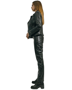 Hilda Leather women's black genuine lamb leather jacket with double side zippers and slim fit.