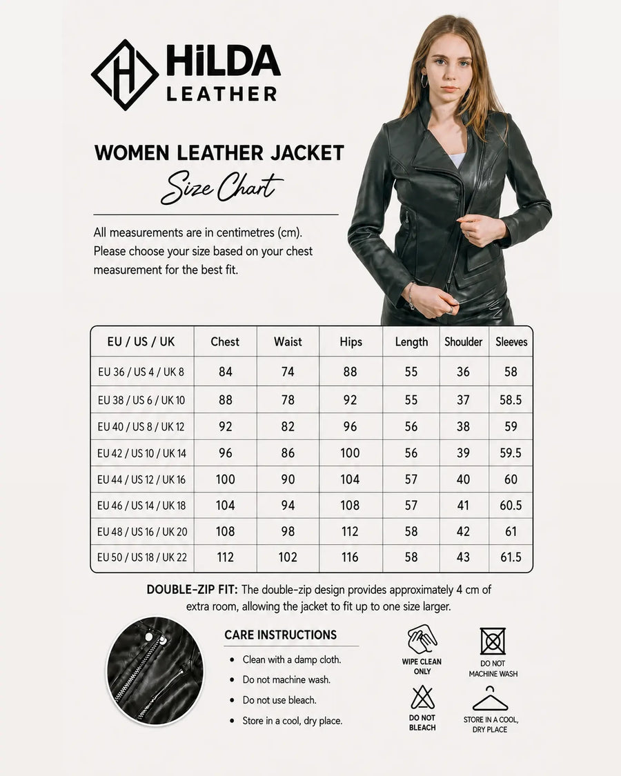 Hilda Leather slim fit black genuine leather jacket with magnetic double collar worn by a model next to a size chart