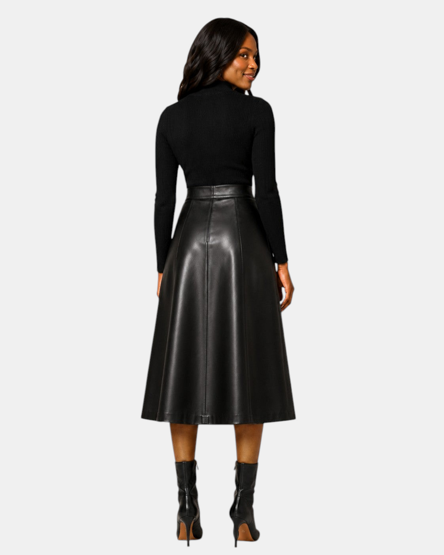 Hilda Leather Viola black lambskin leather midi skirt with A-line silhouette and panel detailing worn by a model