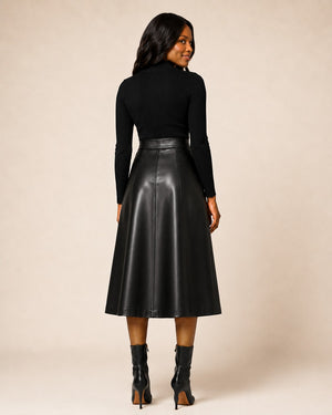 Hilda Leather Viola black lambskin leather midi skirt with high-waisted A-line silhouette, back view on a model.