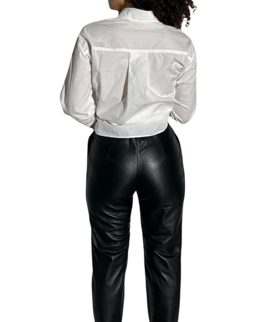 Hilda Leather women's black genuine lamb leather pants with belt and tapered legs.