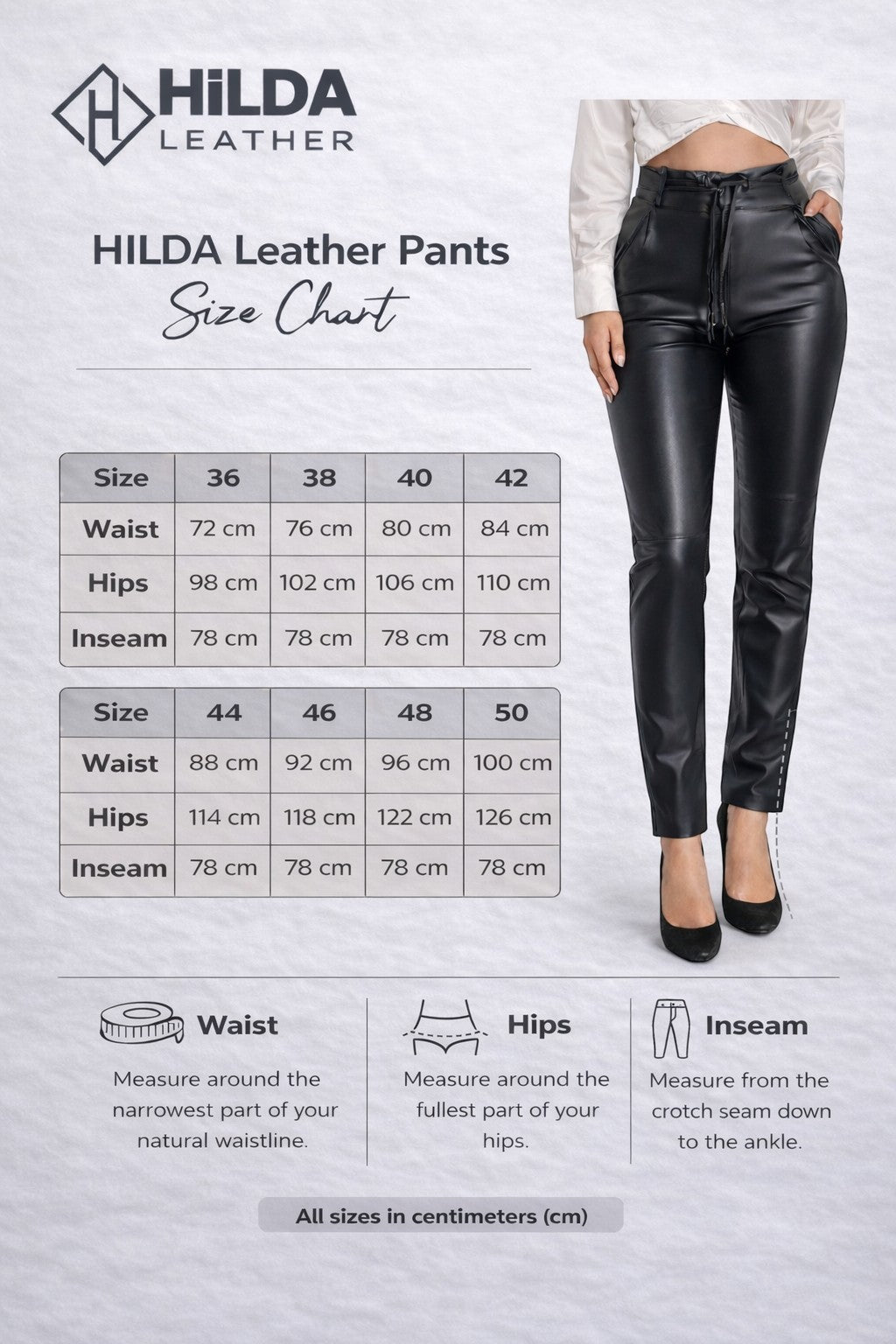 Hilda Leather black genuine lamb leather pants with belt, tapered legs, and side pockets. Size chart included.