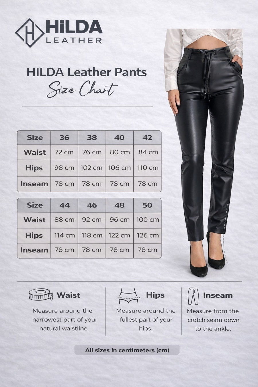 Hilda Leather black genuine lamb leather pants with belt, tapered legs, and side pockets. Size chart included.