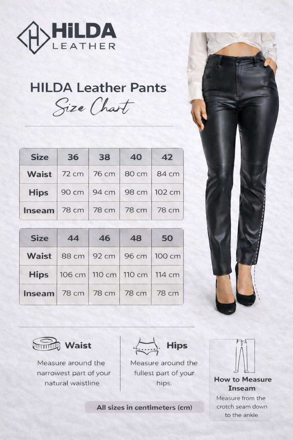 Hilda Leather women's black genuine lamb leather slim fit pants with side pockets and belt waist. Size chart included.