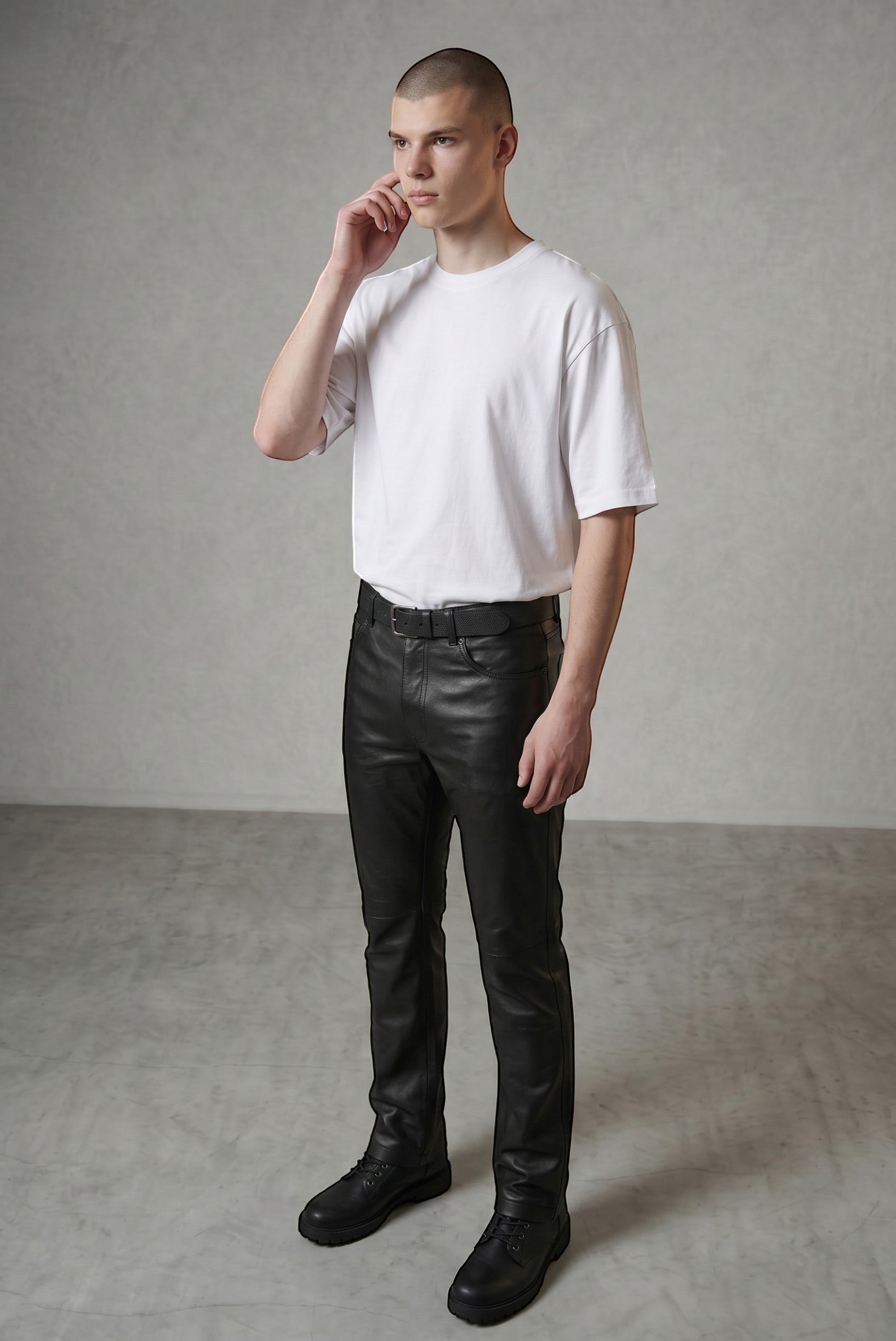Hilda Leather men's black genuine lamb nappa leather pants with a straight leg cut and belt loops.