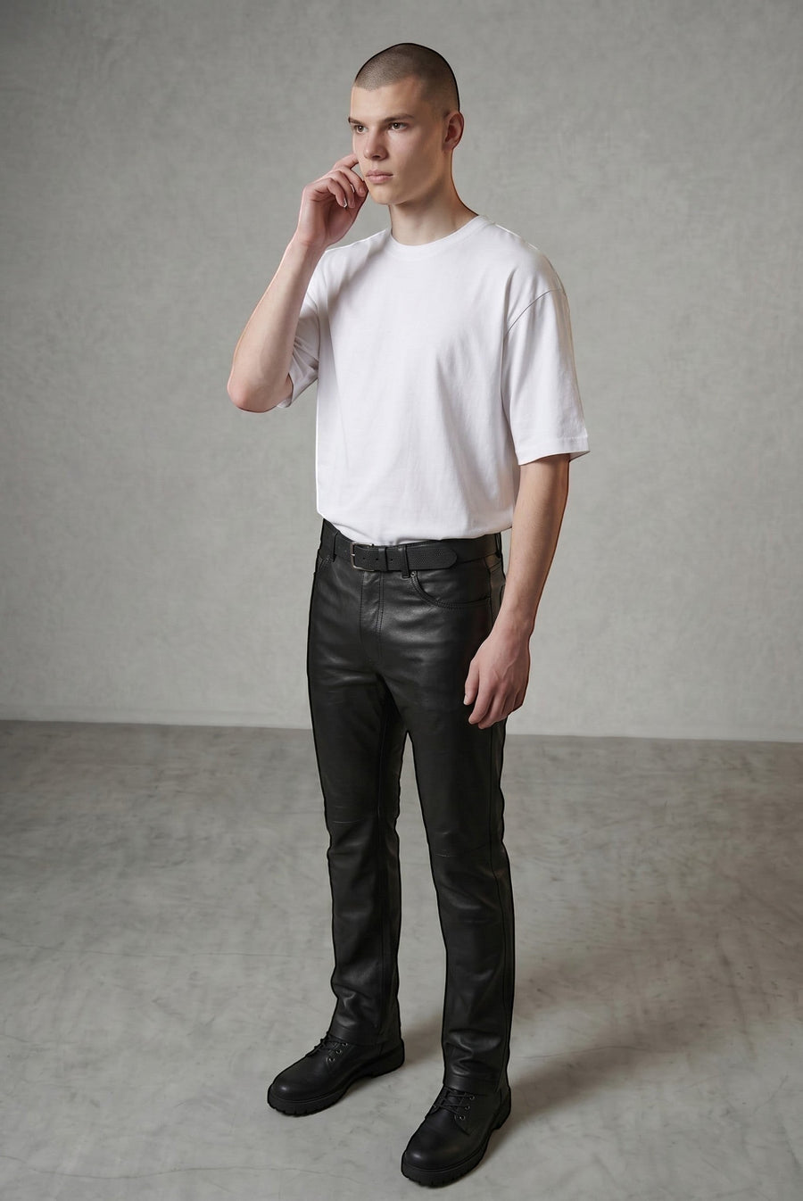 Hilda Leather men's black genuine lamb nappa leather pants with a straight leg cut and belt loops.