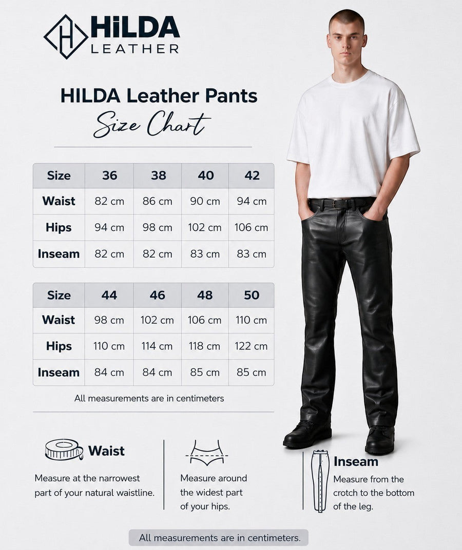 Hilda Leather men's black genuine lambskin straight leg pants with a size chart and measurement guide.