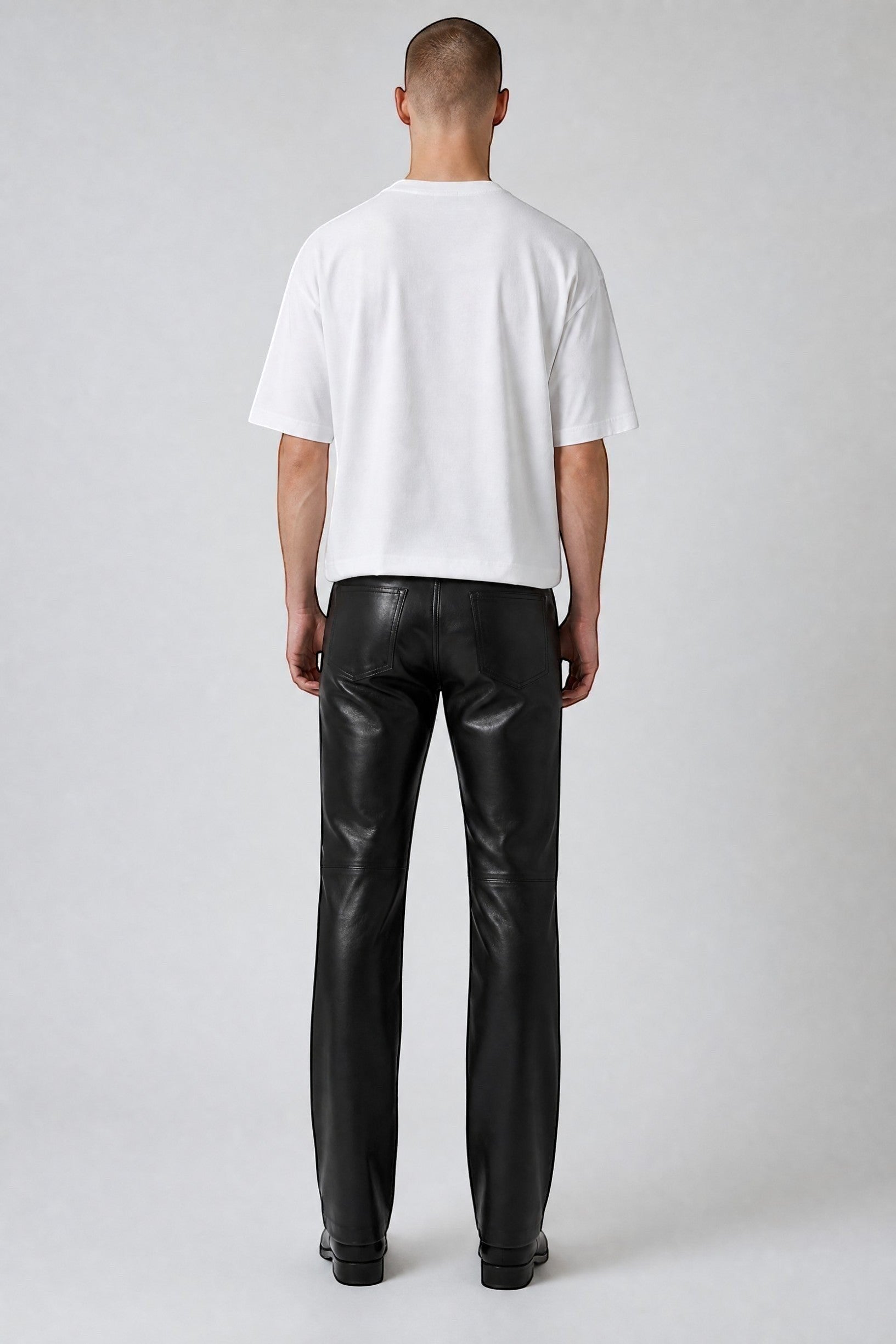Hilda Leather men's black genuine lambskin straight leg pants with a classic jean style.