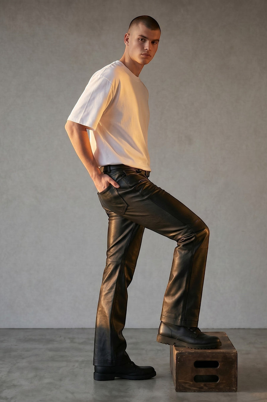 Hilda Leather Men's Black Genuine Lambskin Straight Leg Jean Pants. Model Xerxes.