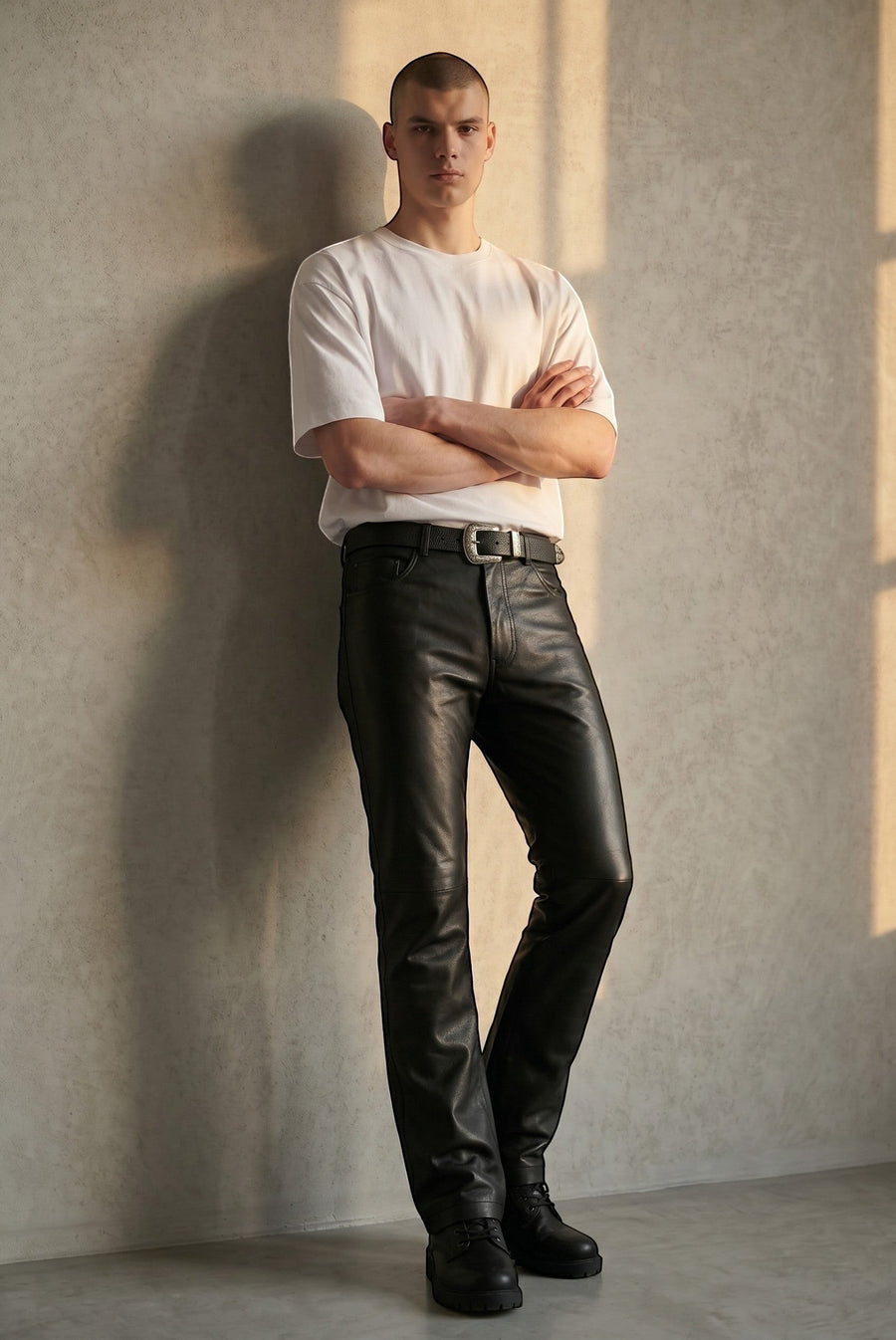 Hilda Leather Men's Black Genuine Lamb's Nappa Leather Pants, straight leg, classic jean style