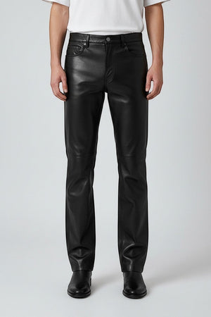 Hilda Leather black genuine lamb nappa leather pants with straight leg cut and jean style details.