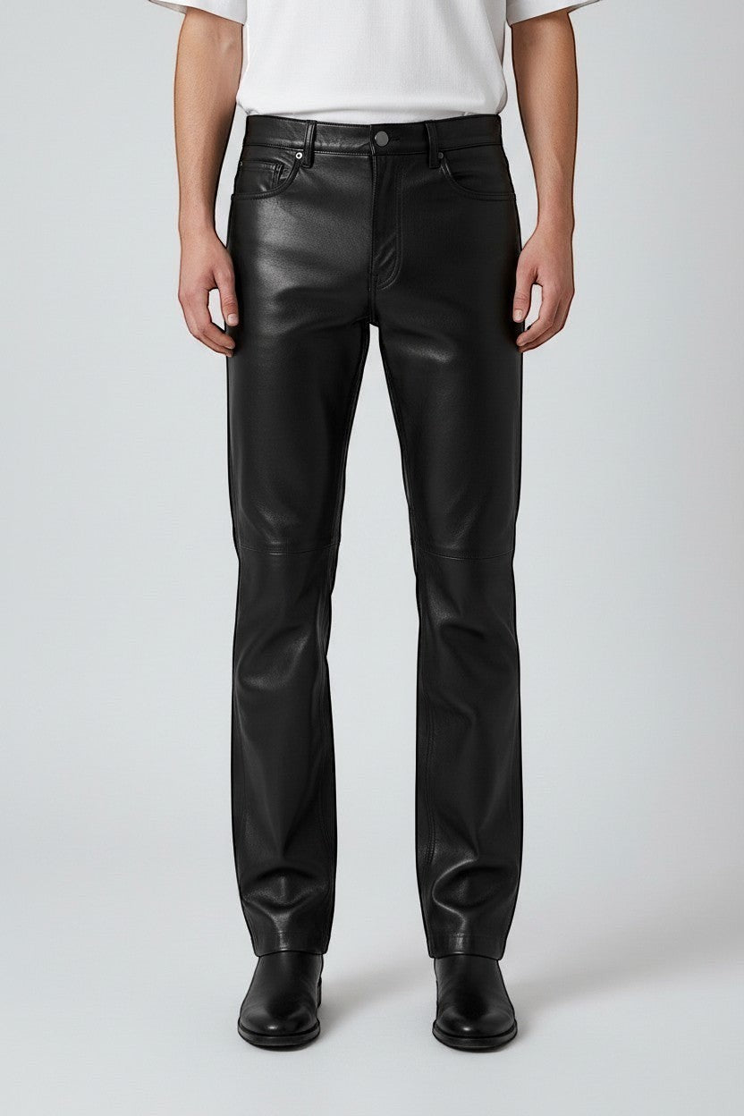 Hilda Leather black genuine lamb nappa leather pants with straight leg cut and jean style details.