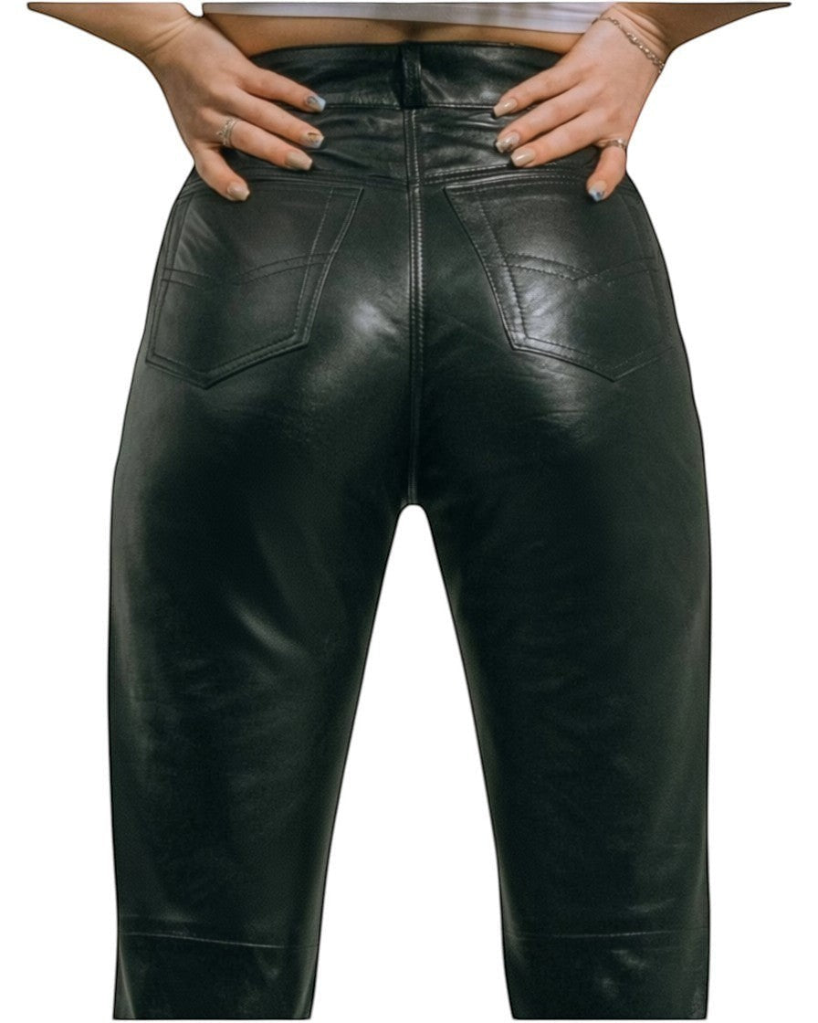 Hilda Leather black genuine lambskin leather pants for women, classic jean style with 5 pockets.