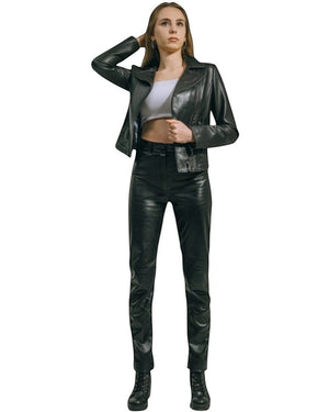 Hilda Leather black genuine lambskin leather pants for women, classic jean style with 5 pockets and zip fastening.