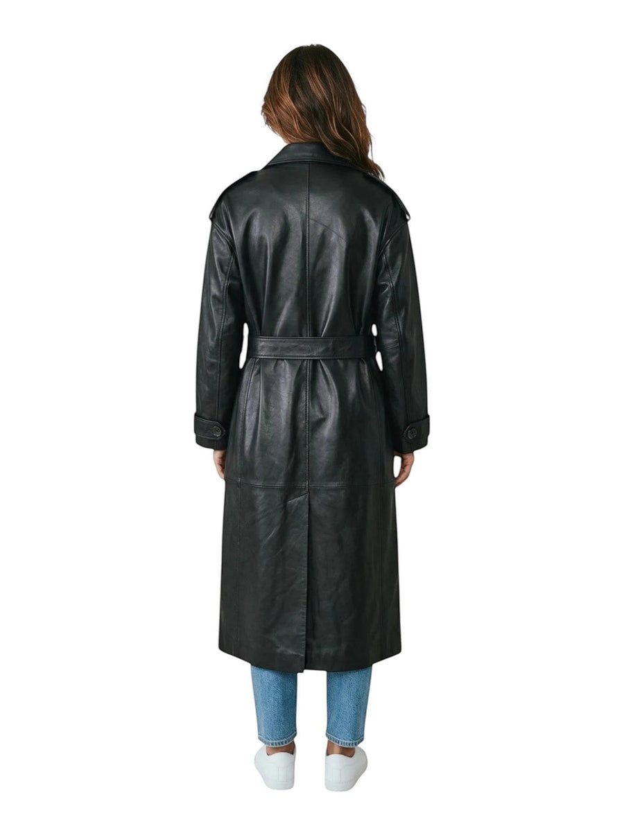 Hilda Leather Roxanne trench coat — back view, oversized tailored cut