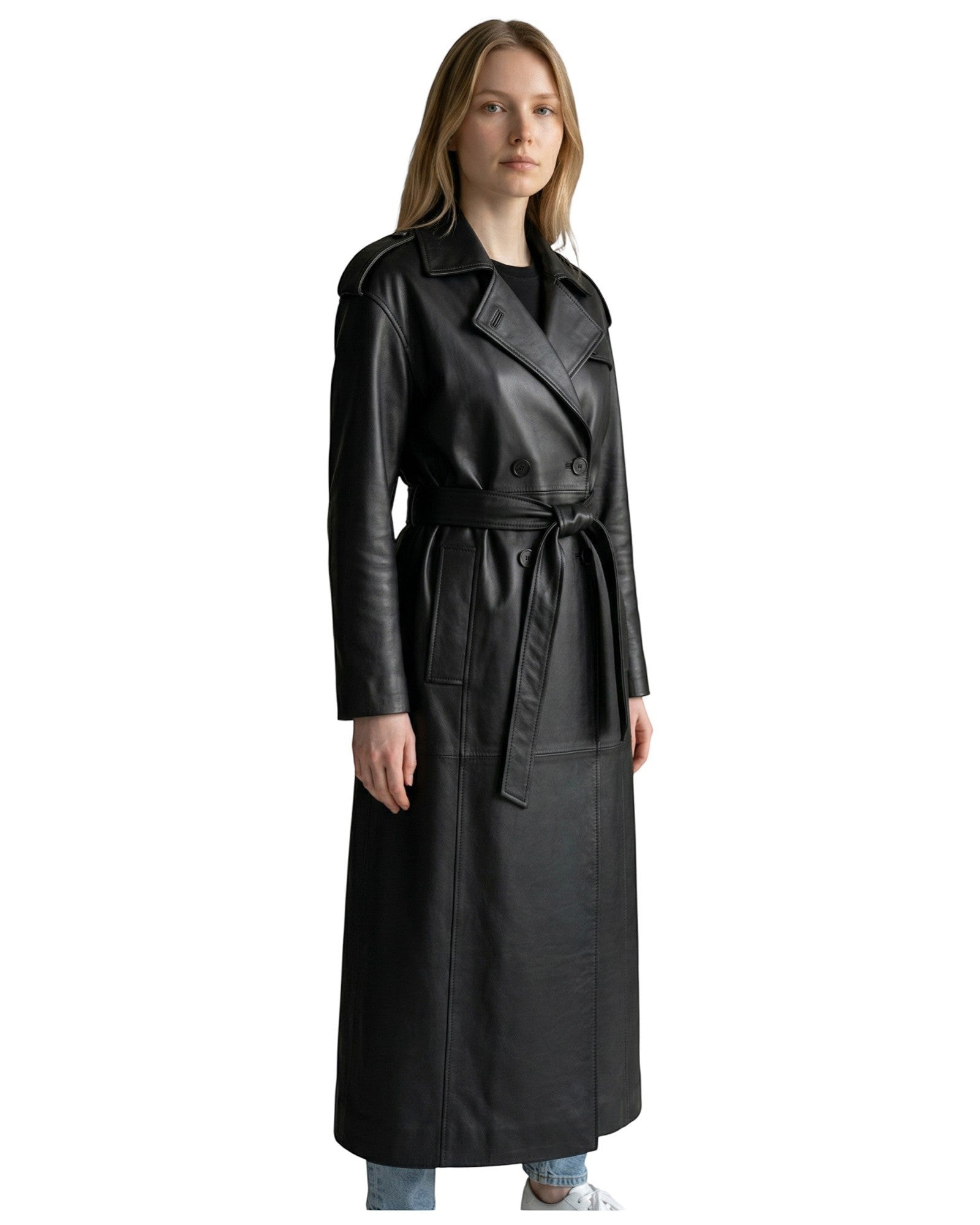 Hilda Leather women's black genuine leather full-length trench coat with tie waist and oversized fit.