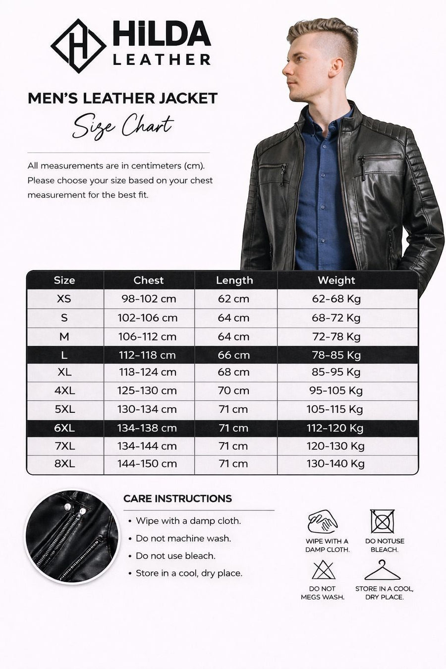 Hilda Leather black genuine lamb leather plus size men's jacket with quilted shoulder and sleeve details, stand-up collar, and zip pockets.