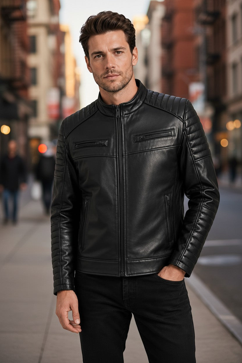 Hilda Leather black lambskin jacket with quilted shoulder and sleeve details, featuring a stand-up collar and zip front