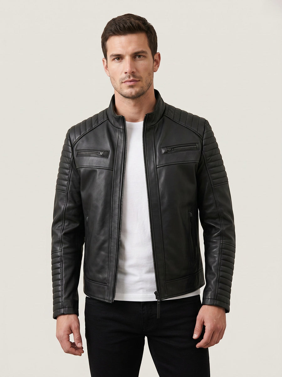 Hilda Leather black genuine lambskin jacket with quilted shoulder and sleeve details and a stand-up collar.