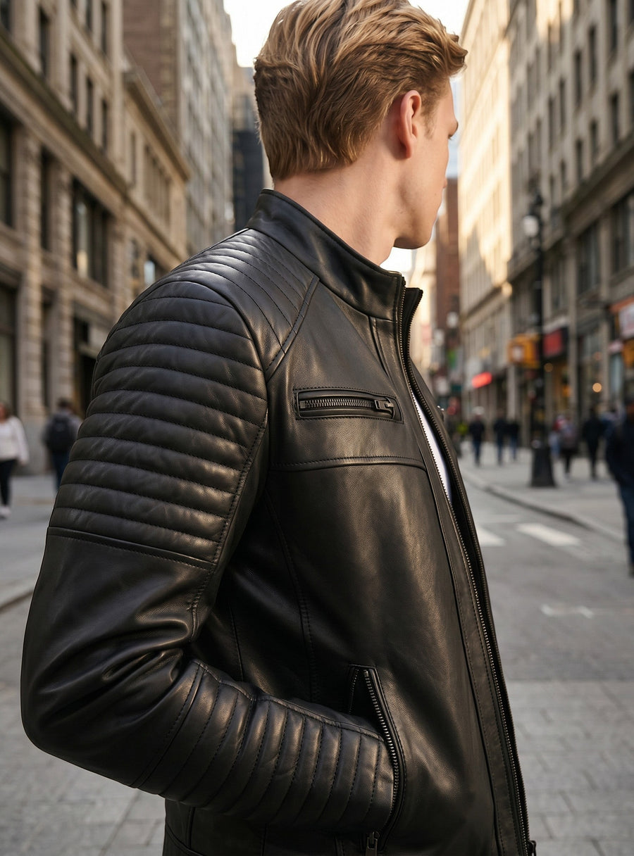 Hilda Leather black genuine lambskin jacket with quilted shoulder and sleeve details, featuring a stand-up collar.