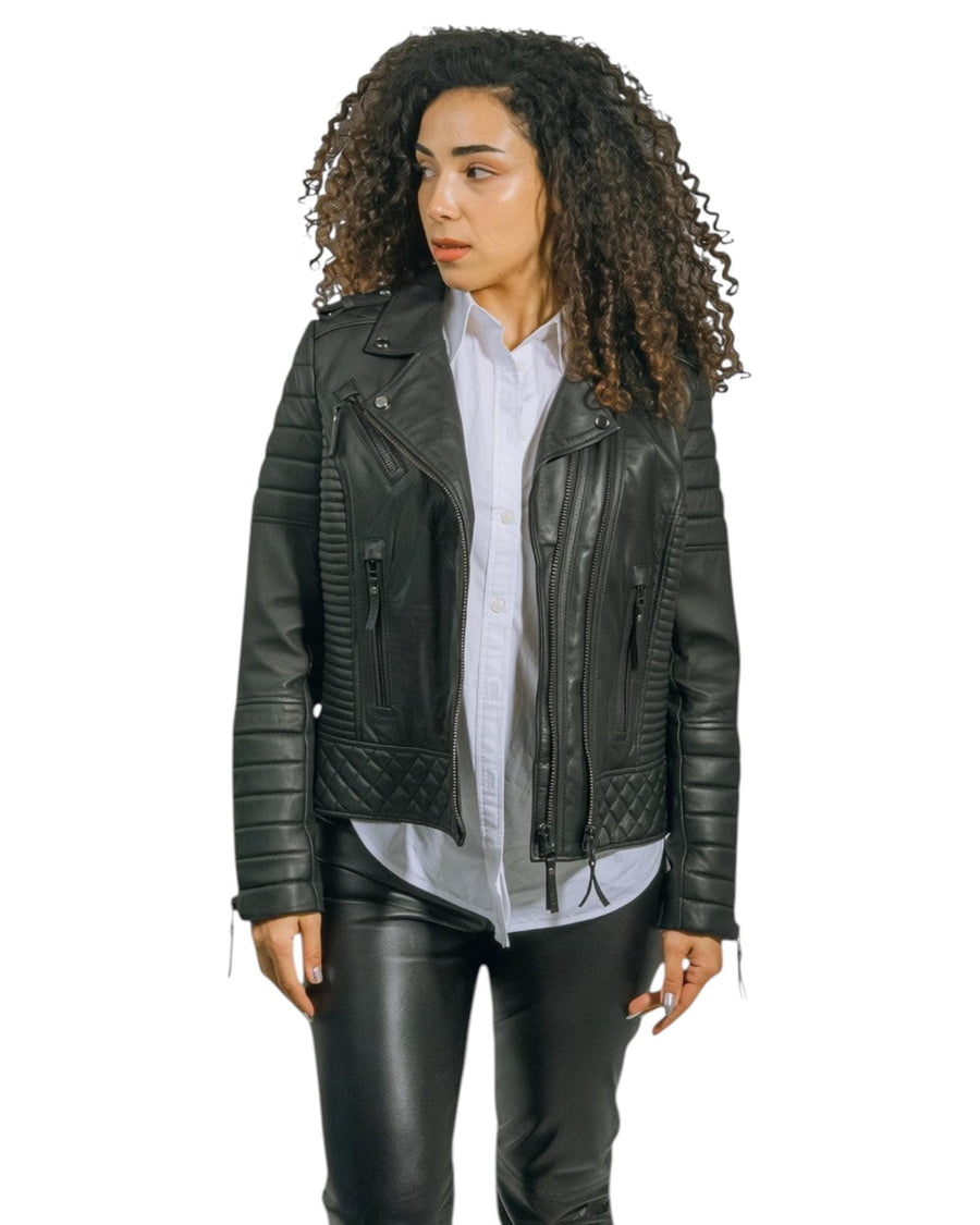 Hilda Leather Venice Jacket – Front View Open, Black Genuine Leather Quilted Biker Jacket