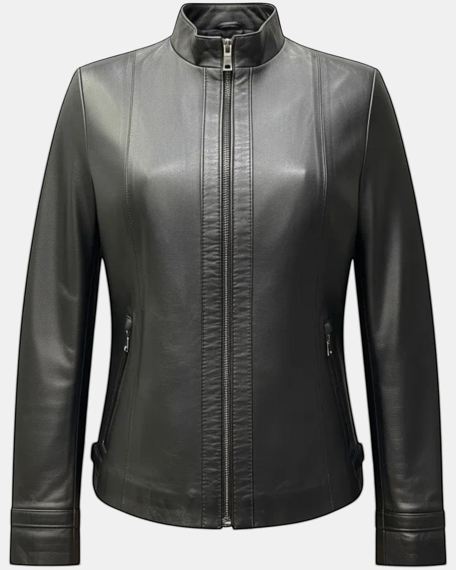 Hilda Leather women's black genuine leather jacket with stand collar and zip front.