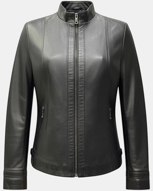 Hilda Leather women's black genuine leather jacket with stand collar and zip front.
