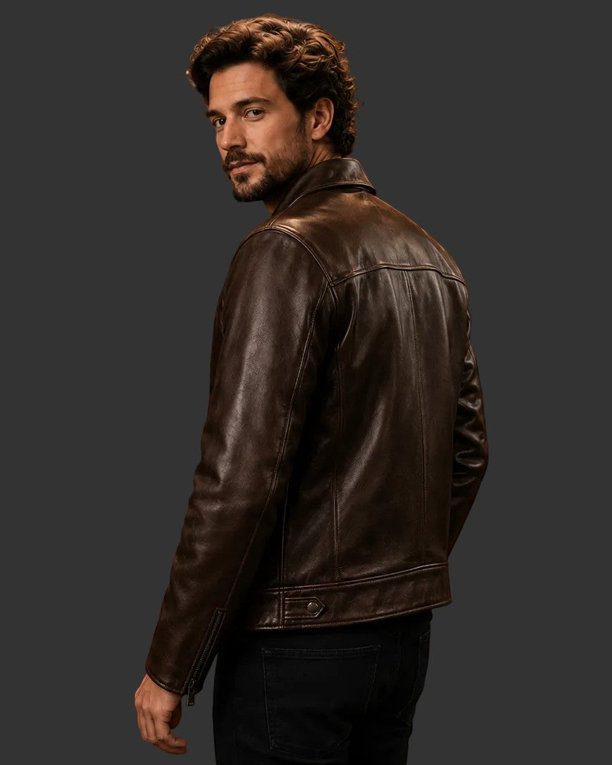 Hilda Leather dark brown full-grain cowhide biker jacket on a man, back view showing structured fit and stitching.