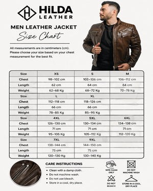 Hilda Leather men's brown genuine lambskin leather jacket with quilted seams and multiple zipper pockets. Plus size available.