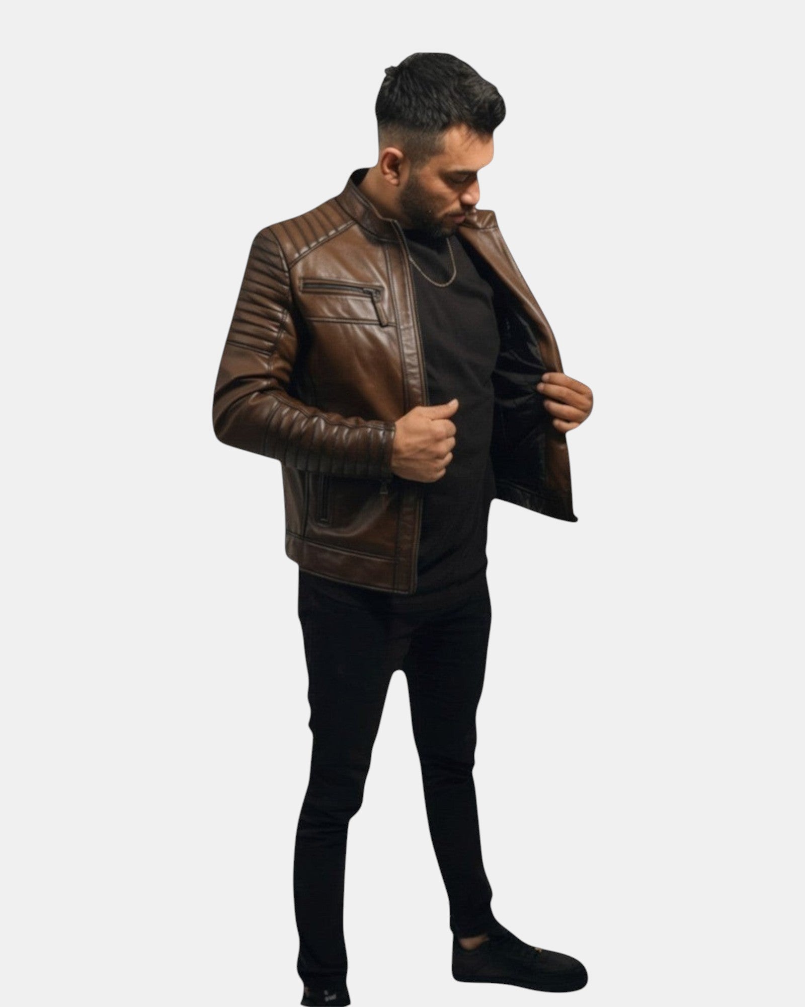Hilda Leather men's brown genuine lambskin leather jacket with quilted seams and zippered pockets.