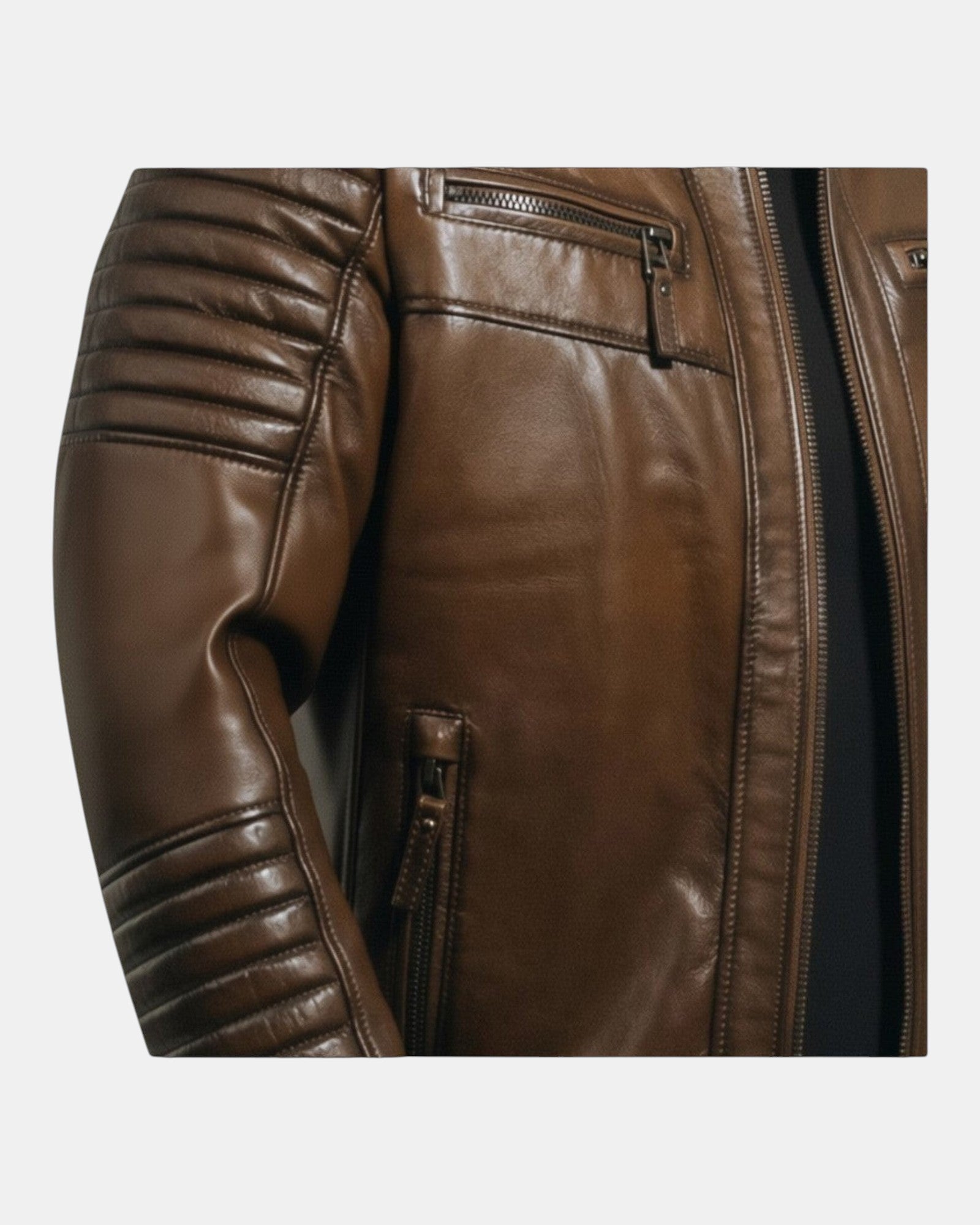 Hilda Leather men's brown genuine lambskin leather jacket with quilted seams and zippered pockets.