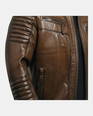 Hilda Leather men's brown genuine lambskin leather jacket with quilted seams and zippered pockets.