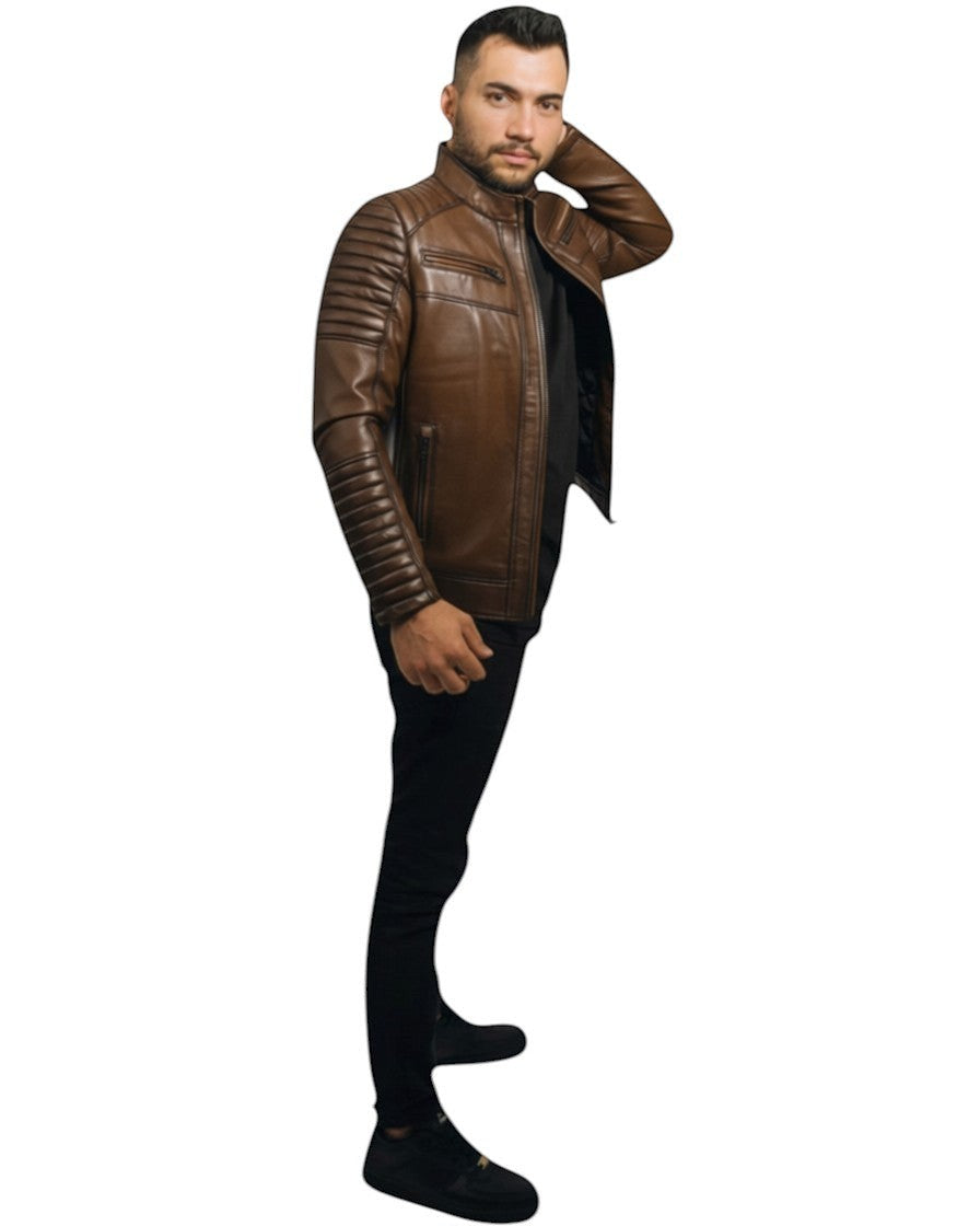 Hilda Leather men's brown genuine lambskin leather jacket with quilted seams and four front zipper pockets.