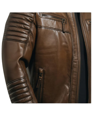 Hilda Leather men's brown genuine lambskin leather jacket with quilted seams and zippered pockets.