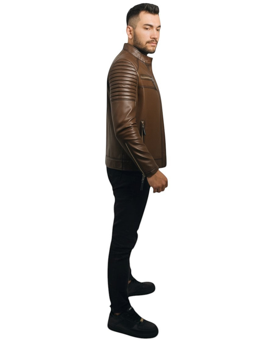 Hilda Leather men's brown genuine lambskin leather jacket with quilted shoulders and zipper pockets.