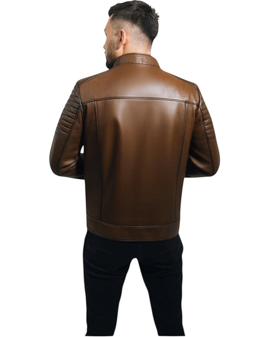 Hilda Leather men's brown genuine lambskin leather jacket with quilted seams on shoulders and sleeves.