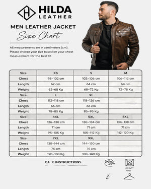 Hilda Leather men's brown genuine lambskin leather jacket with quilted seams and multiple zipper pockets. Plus size available.
