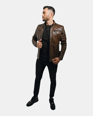 Hilda Leather men's brown genuine lambskin leather jacket with quilted seams and 4 front zipper pockets.