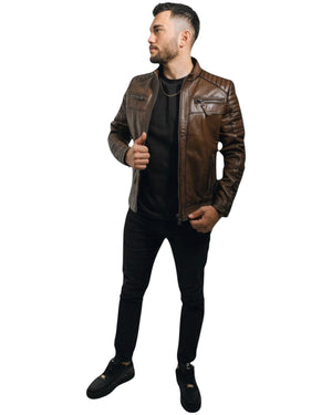 Hilda Leather men's brown genuine lambskin leather jacket with quilted seams and 4 front zipper pockets.