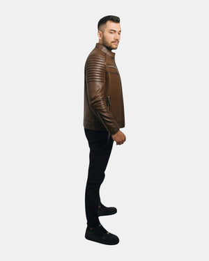 Hilda Leather men's brown genuine lambskin leather jacket with quilted shoulders and zipper pockets.