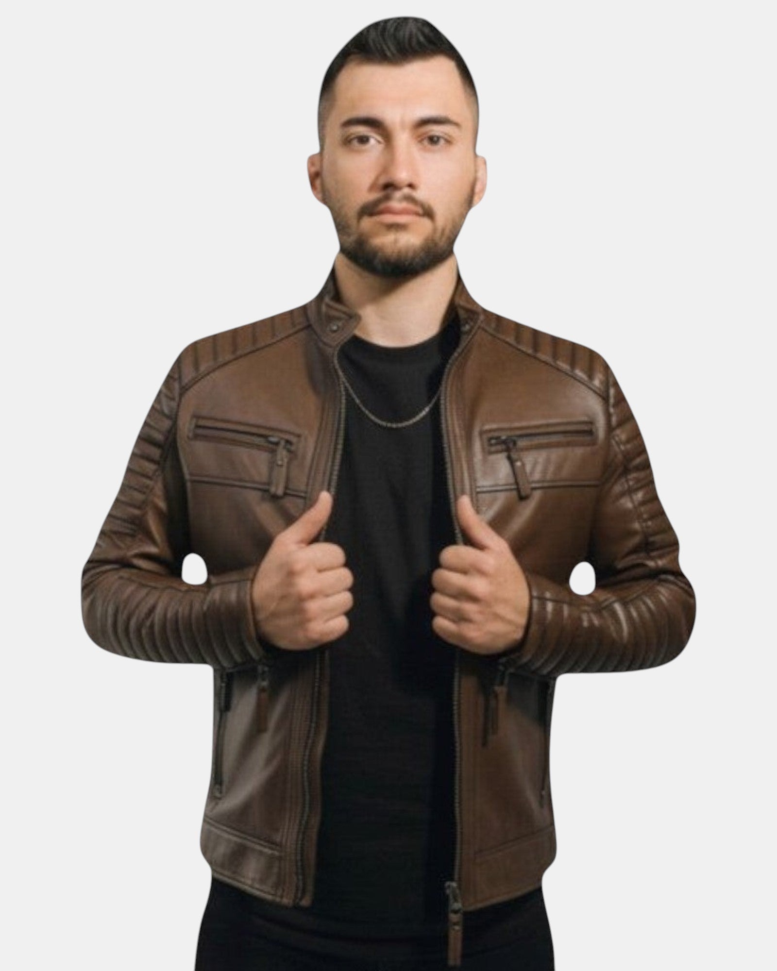 Hilda Leather brown genuine lambskin men's plus size leather jacket with quilted seams and zipper pockets.