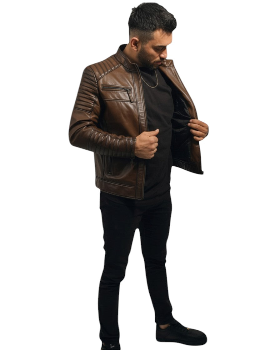 Hilda Leather men's brown genuine lambskin jacket with quilted shoulders and zipper pockets.
