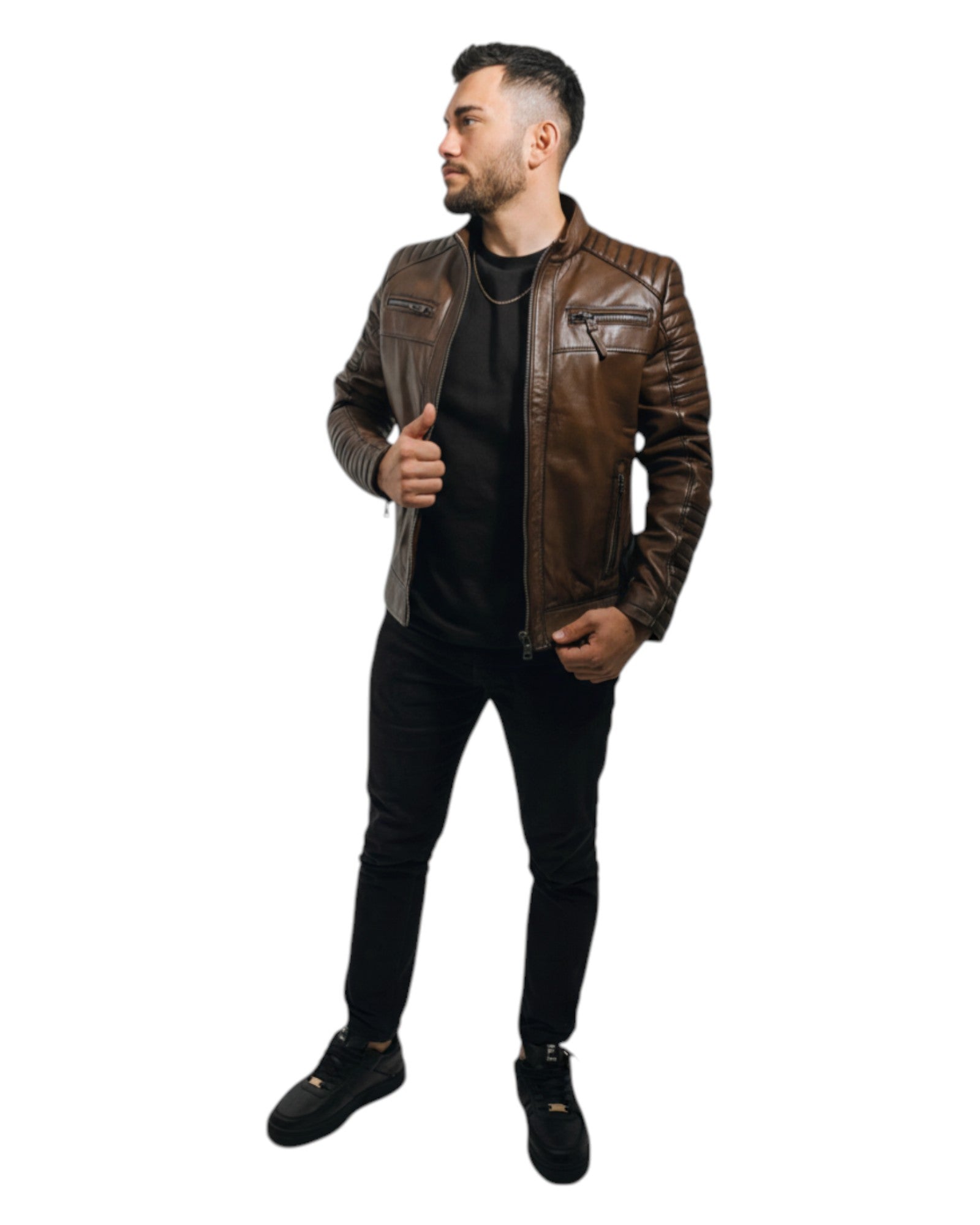 Hilda Leather men's brown genuine lambskin leather jacket with quilted details and zipper pockets.