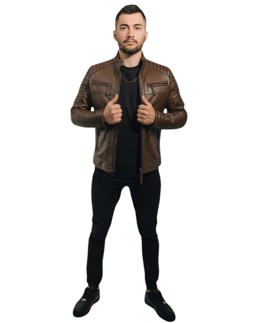 Hilda Leather men's brown genuine lambskin leather jacket with quilted shoulders and zipper pockets.