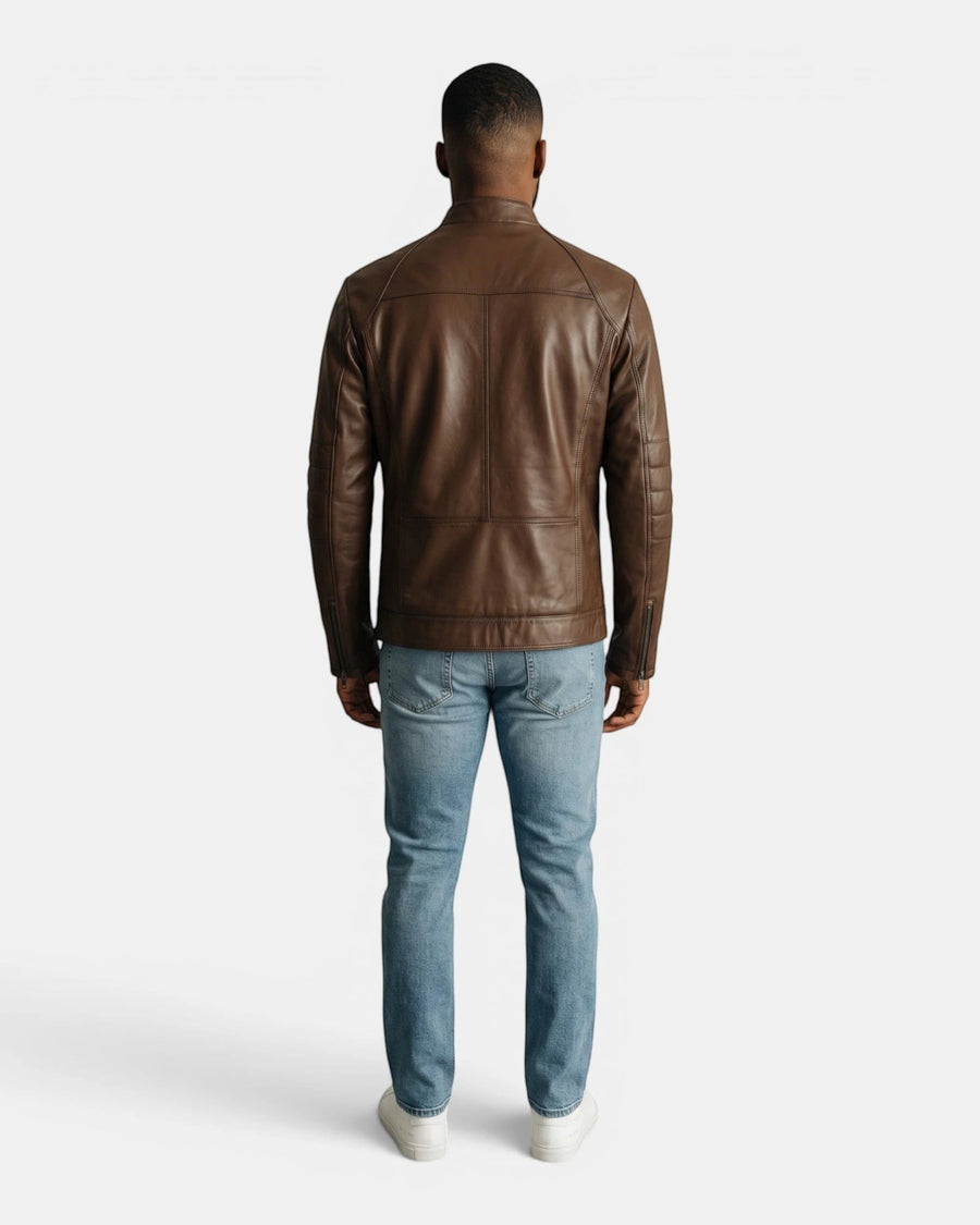 Back view of a man wearing a Hilda Leather brown napa lambskin sport jacket with a stand-up collar and regular fit.