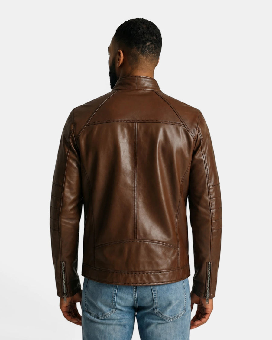 Back view of a man wearing a Hilda Leather brown napa lambskin sport jacket with a stand-up collar and zip cuffs.