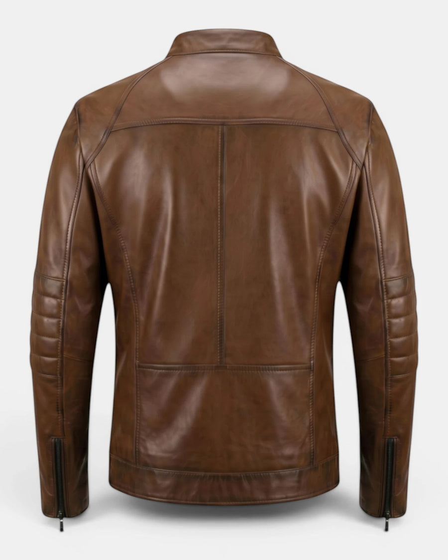 Hilda Leather Thor men's brown genuine napa lambskin leather sport jacket, back view with stand-up collar.