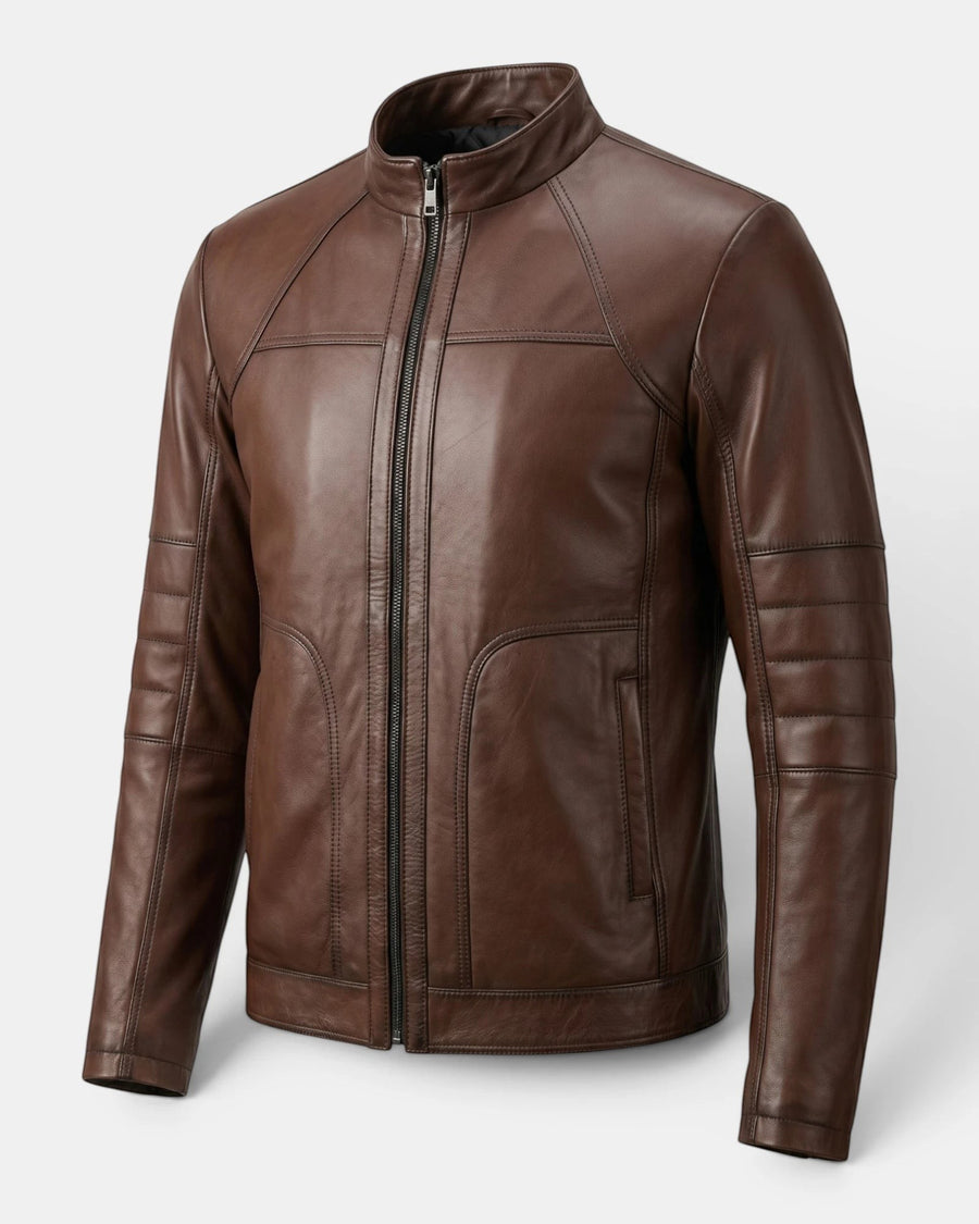 Hilda Leather Thor brown napa lambskin sport jacket with stand-up collar and zip-front closure