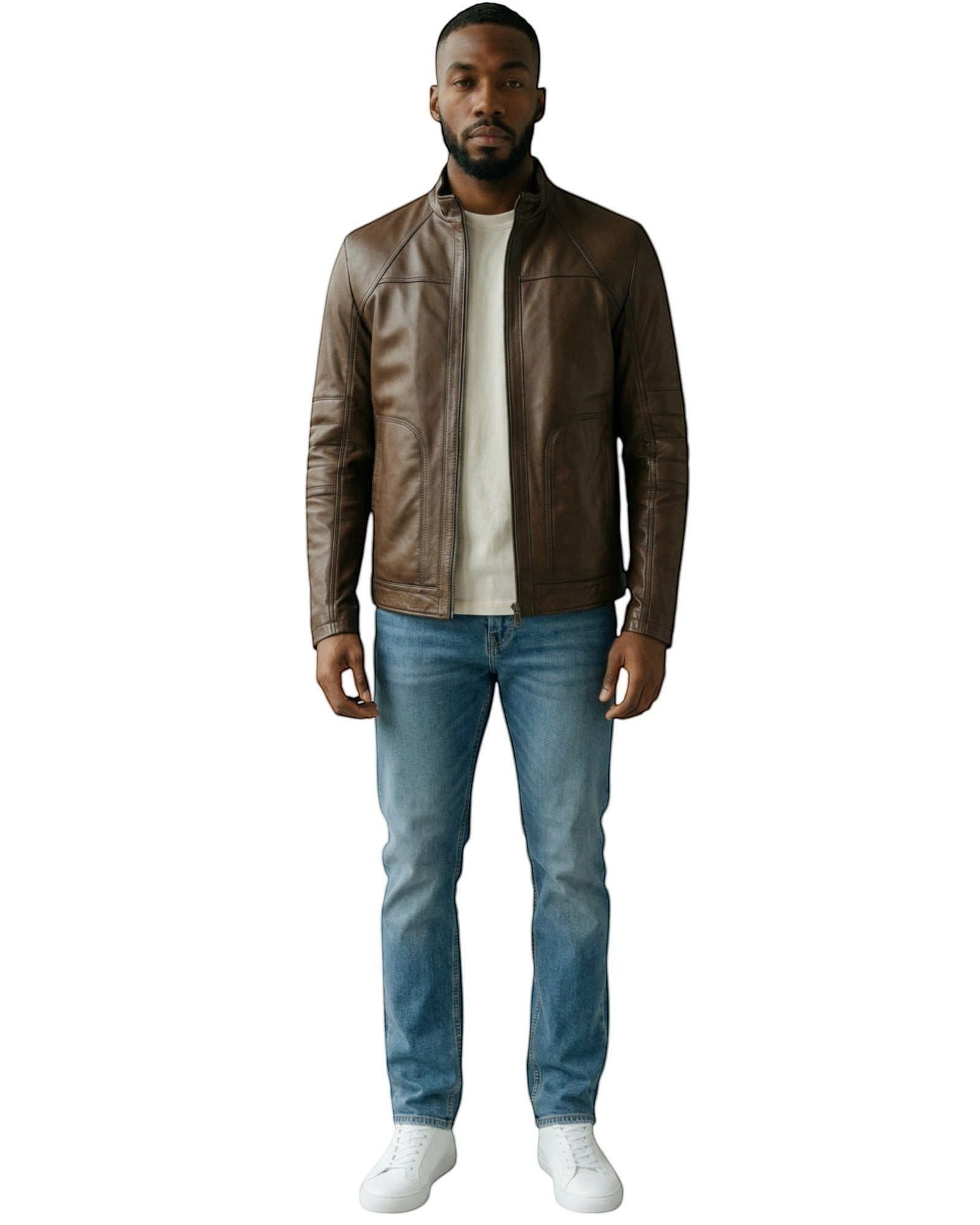 Hilda Leather Men's genuine brown leather sport jacket with stand-up collar and zip-front closure.